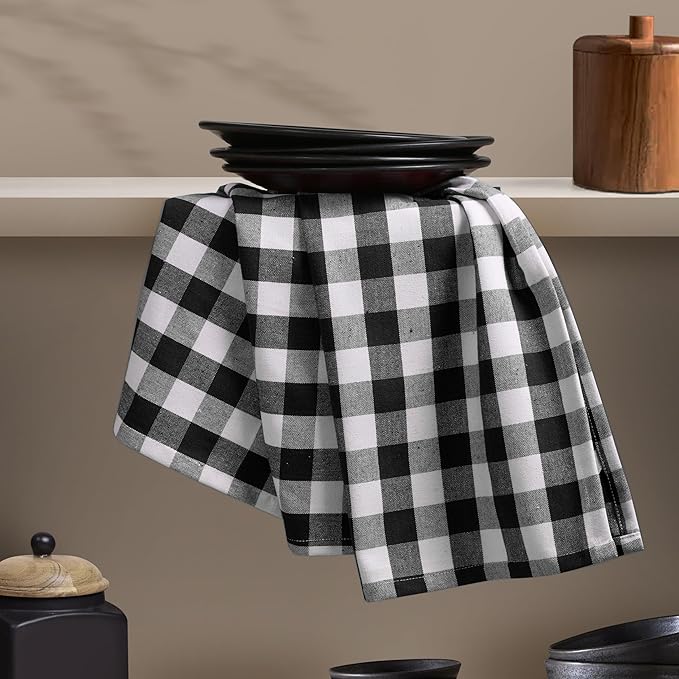 4 Pack Gingham Buffalo Check Kitchen Dish Towels 100% Cotton 16x26 Inches - Super Absorbent Quick Drying Hand Tea Towels, Restaurant Cleaning Towels with Hanging Loop, Black White