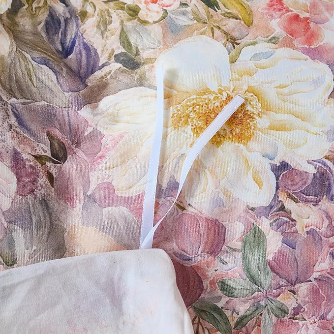 100% Cotton Duvet Cover Queen Size – Romantic Garden Impressionist Floral Duvet Cover Set with Zipper Closure, 3-Piece Luxury & Soft Bedding Set for All Seasons