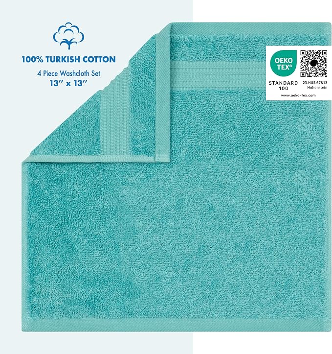Cotton Paradise 100% Cotton Turkish Towel Set, Soft Absorbent Quick Dry, 4 Piece Washcloth Set, Turquoise