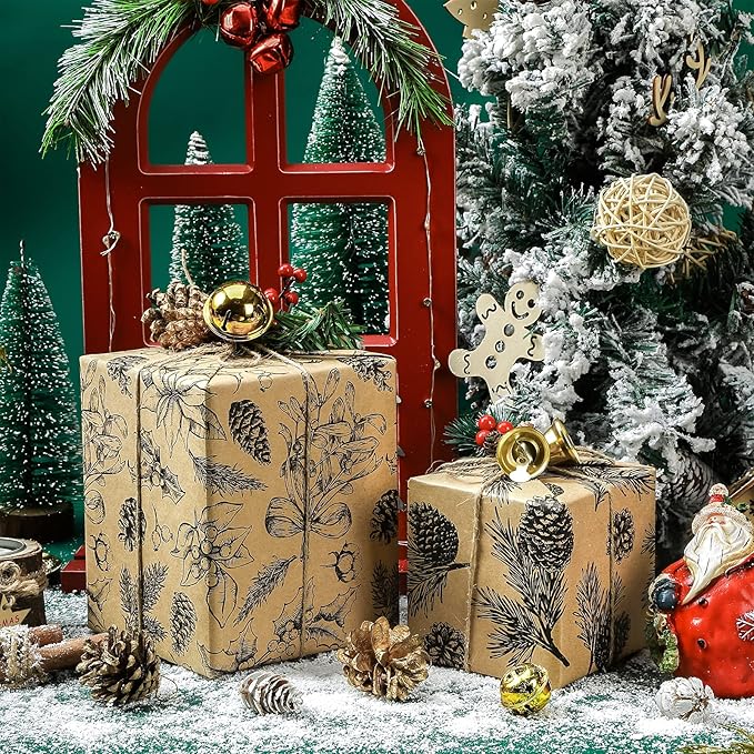 MAYPLUSS Kraft Christmas Wrapping Paper Roll - 3 Mini Roll -17in x120in Per roll,Kraft Vintage Wrapping Paper,Rustic Print for Party,Birthday,Baby Shower,Natural Paper Roll Design (42.3 sqft)