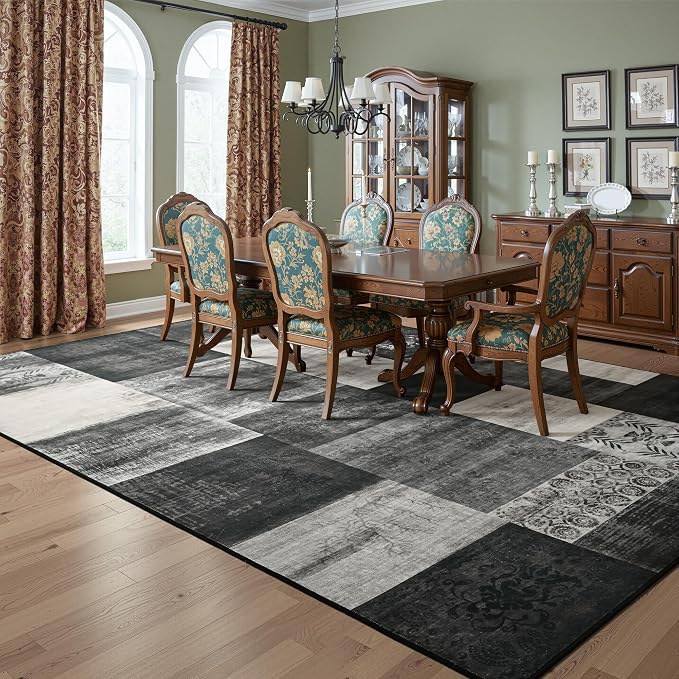 Tepook 5x7 Area Rugs for Living Room, Modern Large Geometric Rug for Bedroom, Washable Patchwork Rug Indoor Non Slip Throw Carpets for Dining Room Office Farmhouse Home Decor, Black and White