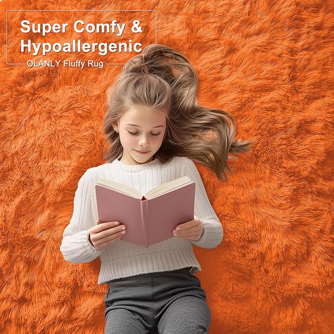 OLANLY 9x12 Machine Washable Large Area Rugs for Living Room, Bedroom, Soft Fluffy Shaggy Bedside Rug, Indoor Floor Carpet for Kids Girls and Boys, Dorms, Nursery, Home Decor Aesthetic, Orange