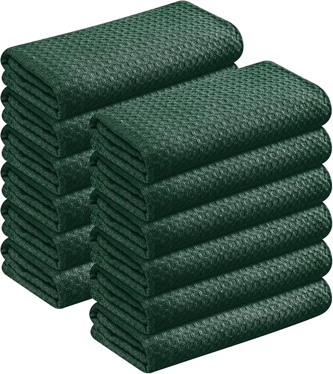 Forest Green Kitchen Dish Towels Set of 12-100% Cotton Waffle Weave, Super Absorbent, Soft, Quick Drying, 16x26 Inches, Ideal for Cleaning, Bar, Tea, and Everyday Use, Olive Green