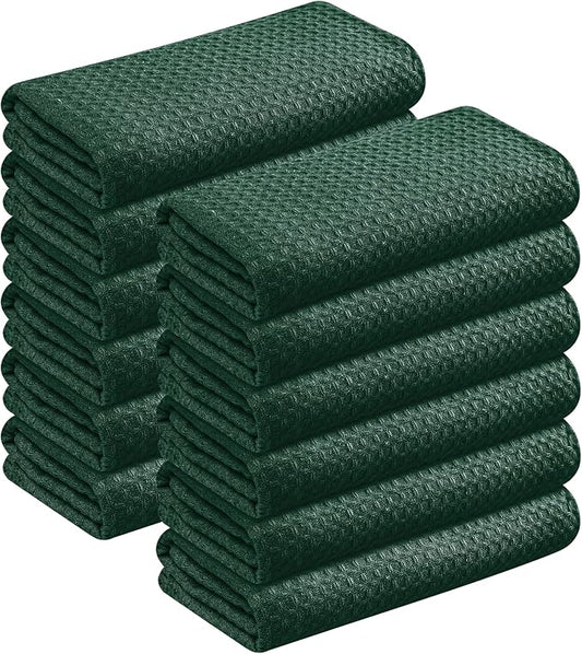 Forest Green Kitchen Dish Towels Set of 12-100% Cotton Waffle Weave, Super Absorbent, Soft, Quick Drying, 16x26 Inches, Ideal for Cleaning, Bar, Tea, and Everyday Use, Olive Green