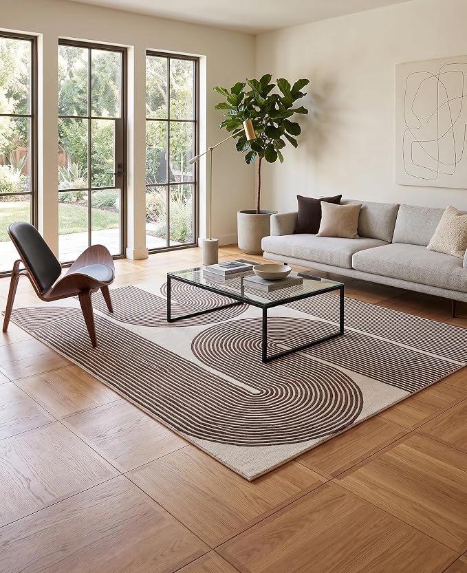 Modern Handmade Wool Area Rug, Abstract Curved Line Geometric Indoor Carpet for Living Room Bedroom, Contemporary Tufted Rug with Soft Pile and Cotton Backing (Cocoa Brown, 8' x 12')