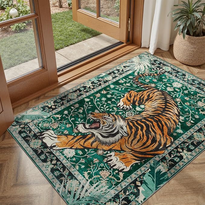 DCX Washable 3x5 Tiger Rug, Green Vintage Animal Rug for Entryway, Soft Low Pile Carpet, Kid & Pet Friendly with Rubber Back Non Slip, Stain Resistant Rug for Bedroom, Laundry, Bathroom