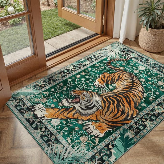 DCX Washable 3x5 Tiger Rug, Green Vintage Animal Rug for Entryway, Soft Low Pile Carpet, Kid & Pet Friendly with Rubber Back Non Slip, Stain Resistant Rug for Bedroom, Laundry, Bathroom