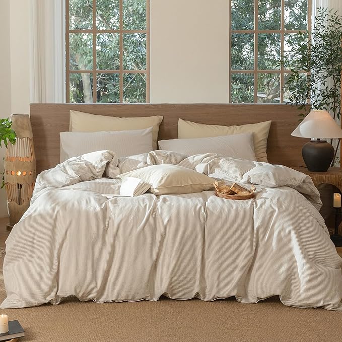 MooMee Striped Duvet Cover Set 100% Washed Cotton Linen Like Textured Breathable Durable Soft Comfy (Tannish Linen Grey White Pinstripes, Cal King 104"x98")