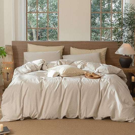 MooMee Striped Duvet Cover Set 100% Washed Cotton Linen Like Textured Breathable Durable Soft Comfy (Tannish Linen Grey White Pinstripes, Cal King 104"x98")