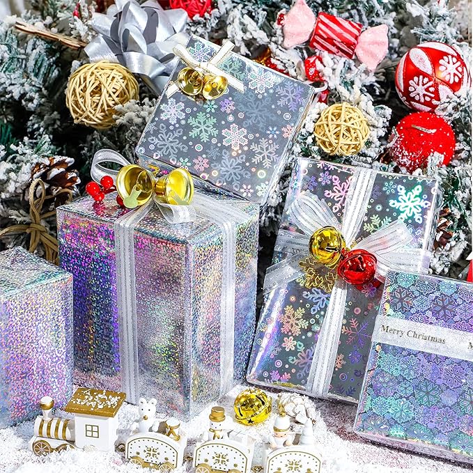MAYPLUSS Christmas Holographic Foil Wrapping Paper - 17in x 120in Per Roll - Shiny Silver Snowflakes and Dots Design Iridescent Gift Wrap Paper for Christmas Wedding Winter Shower Holiday Celebration