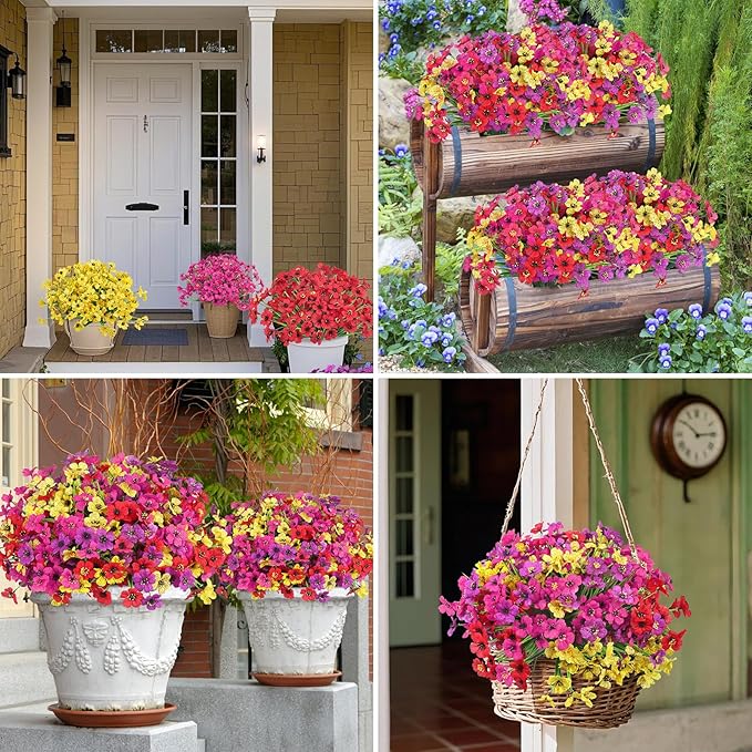 Ouddy Decor 24 Bundles Artificial Flowers for Outdoors Fake Silk Flowers UV Resistant Faux Plastic Plants for Indoor Outdoor Vase Box Garden Porch Window Box Home Spring Summer Decor, Multicolor