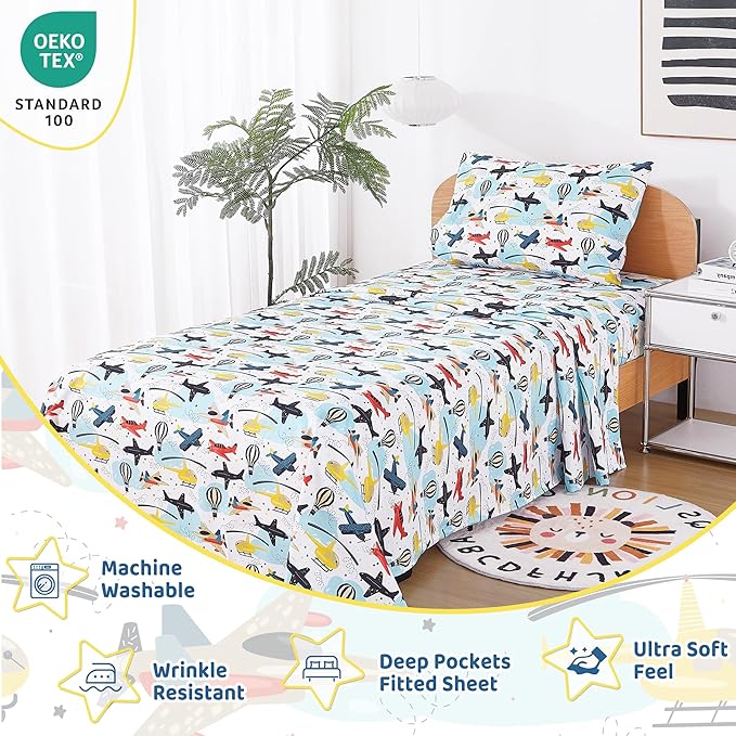 Viviland 3 Pieces Boys Plane Twin Sheet Set - Soft Microfiber Fitted Flat Sheets & Pillowcase - Hot Air Balloon Print Bedding Sets - for Kids & Toddlers