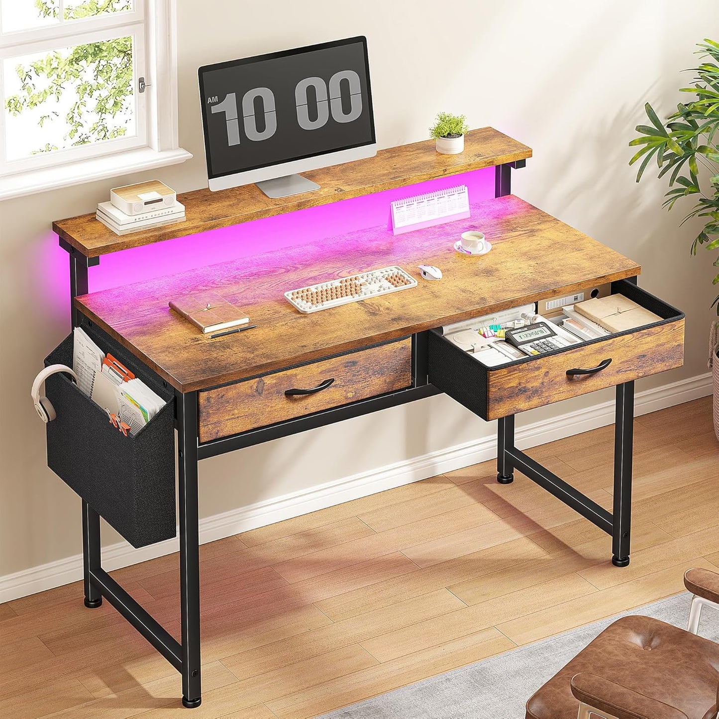 Skiennix Gaming Desk - LED Lights, 2 Drawers, Ergonomic Monitor Stand | Rustic Brown, 31.5 Inch