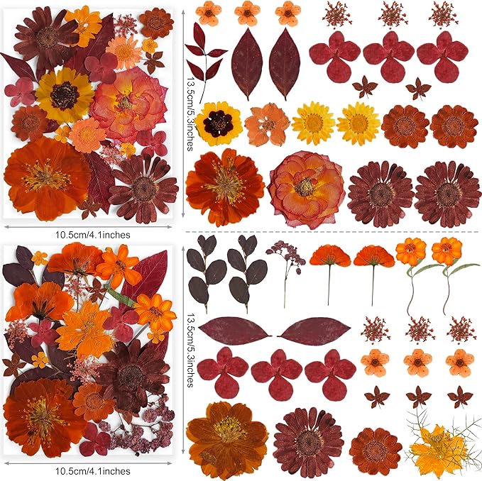 141PCS Brown Fall Dried Pressed Flowers for Resin - YouthBro Real Nature Flowers Butterfly Stikers Set for Christmas DIY Candle Soap Vase Making Nail Card Scrapbook Art Craft Floral Decors