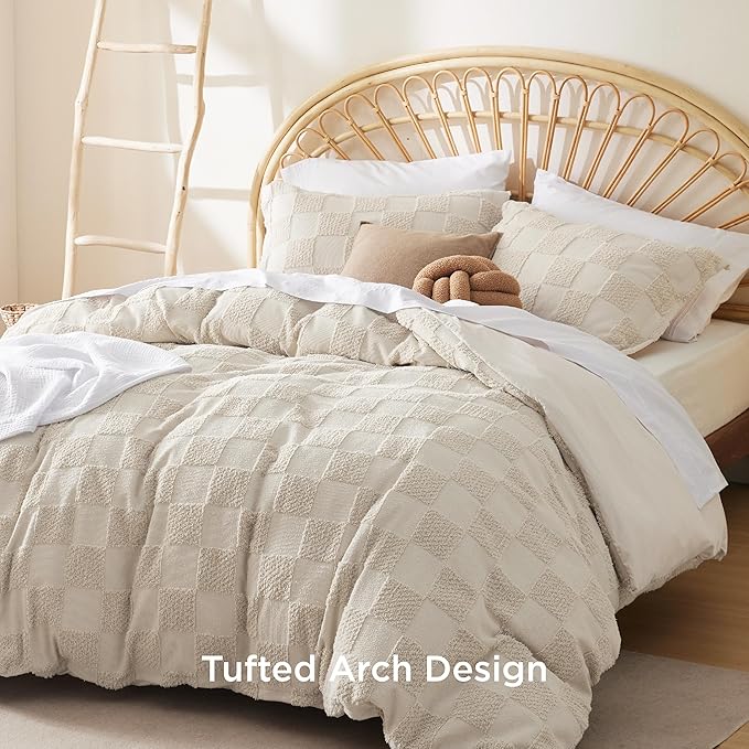 Bedsure Boho Kids Duvet Cover King Size（Duvet Insert/Comforter not Included - Checkered King Duvet Cover for All Seasons, Soft Shabby Chic Boho Bedding (Beige, 104" x 90")