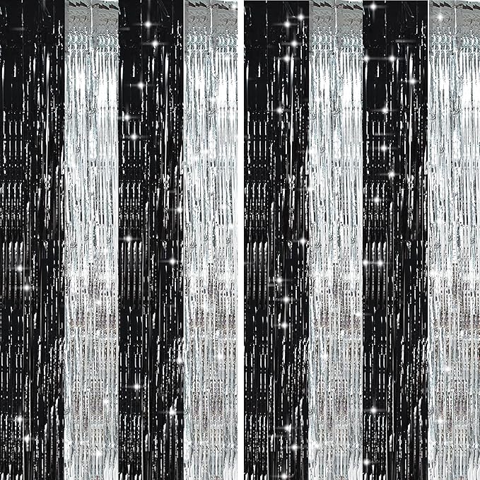 TONIFUL Silver Black Door Streamers,Silver and Black Photo Booth Backdrop Metallic Streamers Foil Fringe Curtain for Birthday,New Year,Graduation,Grad,Bachelorette Party Streamers Decoration