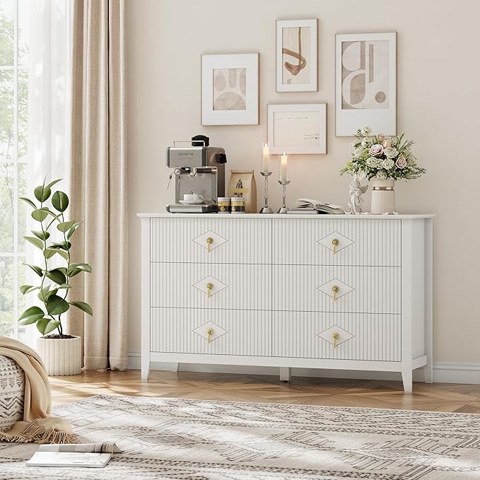 GarveeHome Fluted Dresser for Bedroom, 54 Inch Wide 6-Drawer Wood Dresser, Modern Chest of Drawers, Storage Organizer Cabinet for Living Room, Hallway, Entryway, White