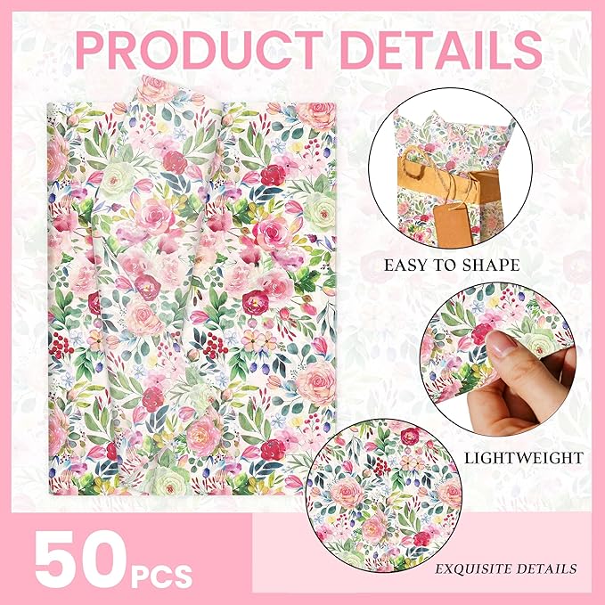 BACH AND BOUJEE 50 Sheets Flower Tissue Paper Watercolor Wildflower Gift Wrapping Paper Floral Patterned Tissue Papers Gift Wrap Crafts Packaging for Flower Wedding Birthday Christmas Party Supplies