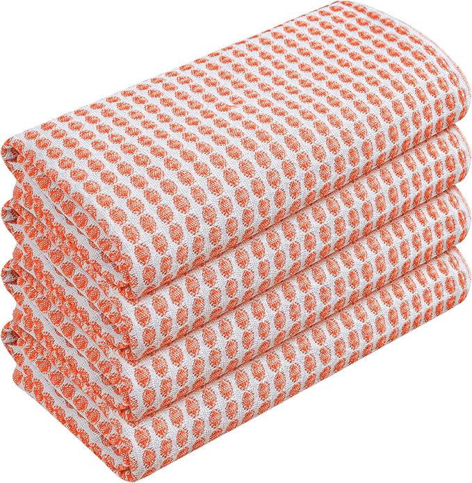 TWINY threads Circle Waffle Kitchen Dish Towels 4 Pack, 16"x26", 100% Cotton, Super Absorbent, Heavy Duty, Quick Drying Dishcloth Set, Premium Wash Rags for Drying Dishes, Cooking, Bright Orange