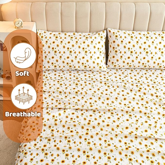 Softan Floral Twin Size Sheet Set, Sunflower Printed Bed Sheets for Kids Girls, 3-Piece Microfiber Fitted Sheet with 15" Deep Pocket & Non-Slip Straps, Patterned Bedding Sheets & Pillowcase Set