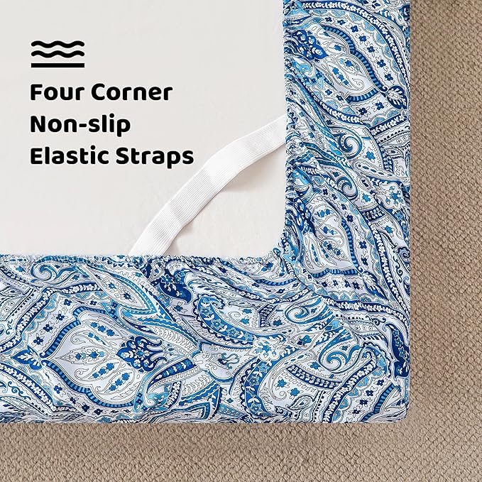 Softan Blue Paisley Printed Bed Sheets King Size, Floral Sheet Set King, Brushed Polyester Microfiber Fitted Sheet with 15" Deep Pocket & Non-Slip Straps, Blue Flower Patterned Sheet & Pillowcase Sets