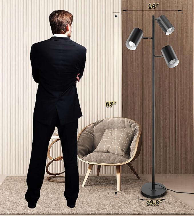 Tree Floor Lamp with 3 Light Bulbs,Black Standing Tall Pole Lamp with 3 Adjustable Rotating Lights,Farmhouse Floor Lamp for Living Room Bedroom Office,Vintage Standing Lamp 9W E26 LED Bulbs Included.