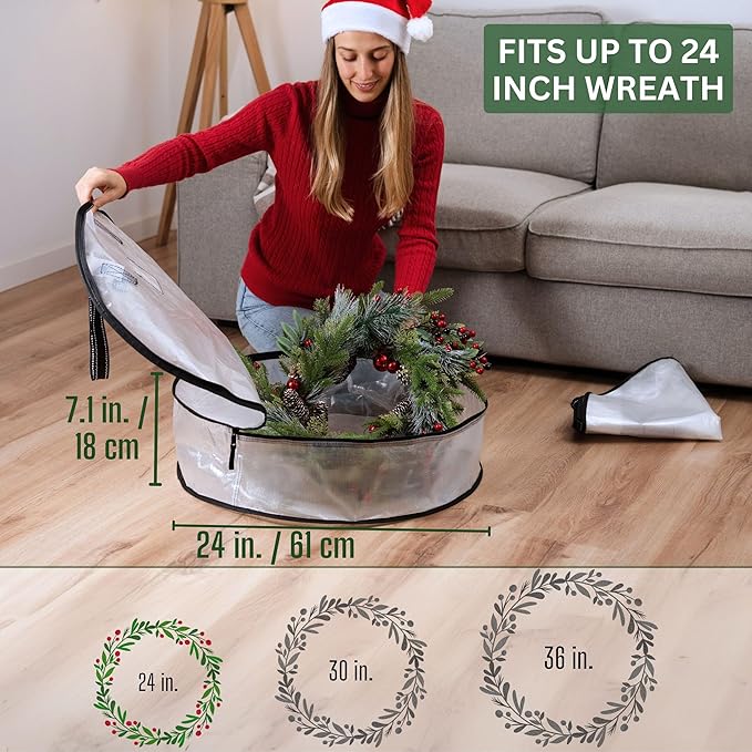 VENO 4 Pack Christmas Wreath Storage Container - 24 Inch Clear Wreath Bag, Christmas Garland and Holiday Decoration Organizers with Zipper and Durable Handles (Clear, 24"-4 Pack)