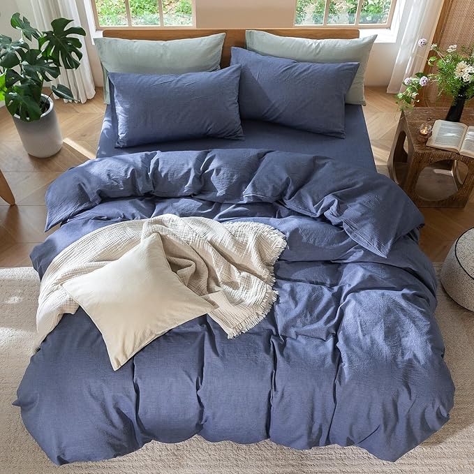 MooMee Bedding Duvet Cover Set 100% Washed Cotton Linen Like Textured Breathable Durable Soft Comfy (Heathered Blue, Super Queen 90"x98")