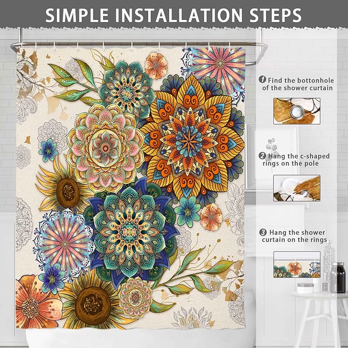 Mid Century Abstract Boho Aesthetic Shower Curtain Set, Green Nature Leaf Sun Modern Minimalist Home Bathroom Curtain Decor with 12 Hooks 72 Inch Wide * 72 Inch High