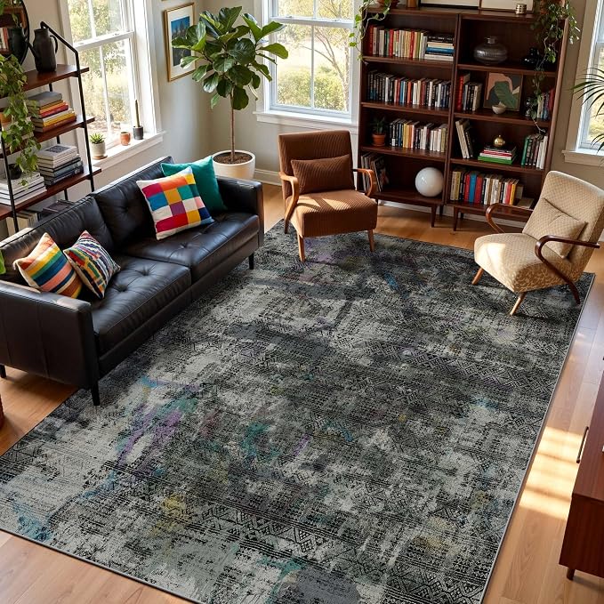 Kokia Abstract Area Rugs 8x10 Bedroom Soft Living Room Black-Gray Rugs Washable Distressed Vintage Comfy Carpet with Non-Slip Backing for Farmhouse Home Office Room Decor