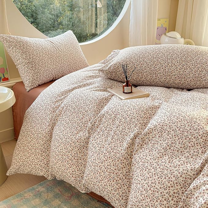 LifeTB Muslin Cotton Duvet Cover Set Twin Size Vintage Floral Duvet Cover Ultra Soft Breathable Comforter Cover Chic Flower Bedding Set Linen Feel Textured Gauze Comforter Cover with Zipper Closure