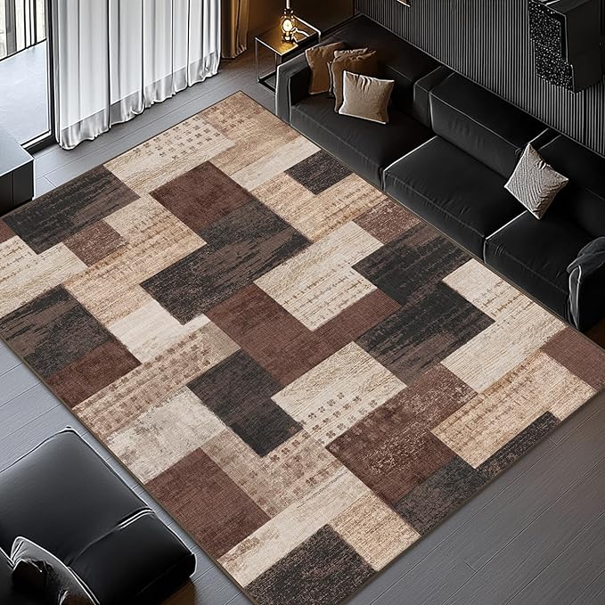 Modern Geometric Patchwork Indoor Area Rug for Living Room, Chocolate 5'x 7' Large Rug Rockwood Collection Hardwood Floors Decor for Bedroom, Brown Throw Carpet for Office Entryway Dining Room