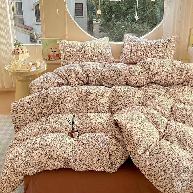 LifeTB Muslin Cotton Duvet Cover Set Twin Size Vintage Floral Duvet Cover Ultra Soft Breathable Comforter Cover Chic Flower Bedding Set Linen Feel Textured Gauze Comforter Cover with Zipper Closure