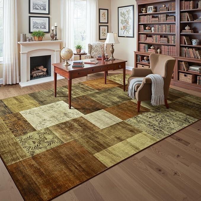 Tepook Modern Area Rug for Living Room, 5x7 Geometric Large Rugs for Bedroom, Washable Patchwork Rug Indoor Non-Slip Throw Carpets for Dining Room Office Farmhouse Home Decor, Brown