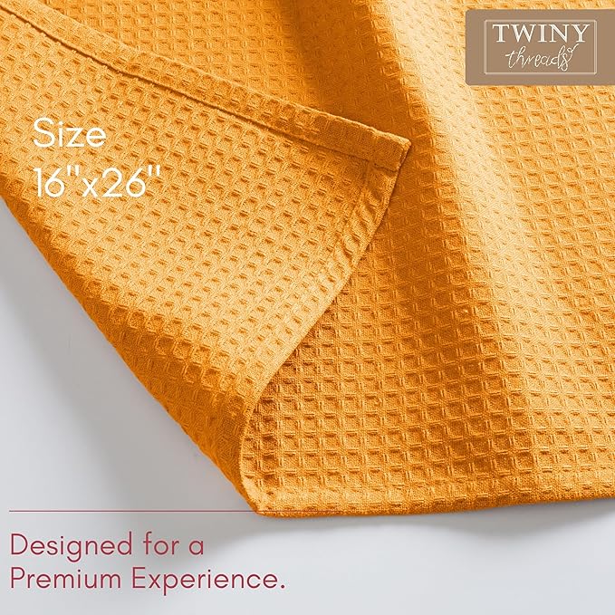 TWINY threads Kitchen Towels Set of 6, 100% Cotton Waffle Weave Easter Dish Towels, Tea Towels with Hanging Loop, Washable Bar Towels for Table Cleaning, Dinning, Parties- 16"X 26"-Mustard Yellow