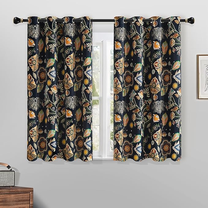 XiDi Floral Blackout Bedroom Curtains 63 Inches Long 2 Panels Room Darkening Thermal Insulated Vintage Mid Century Modern Curtains Patterned Flower Leaf Grommet Drapes for Home Decor 52x63 Navy Blue