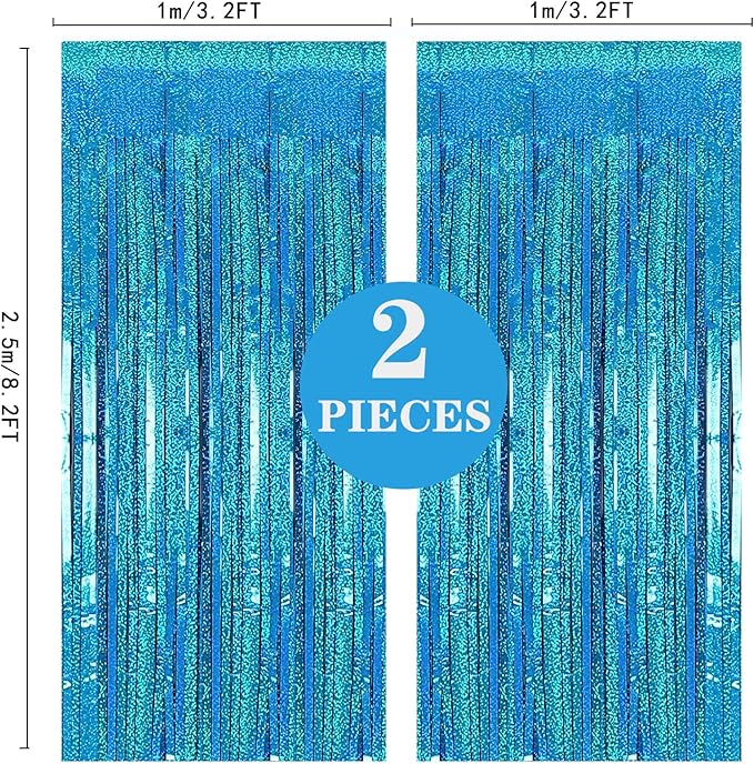 2 Pack 3.2ft x 8.2ft Blue Foil Fringe Curtains Photo Backdrop Party Decorations, Metallic Tinsel Foil Fringe Streamer Curtain for Party Door Wall Curtain Bachelorette Christmas New Year Decorations