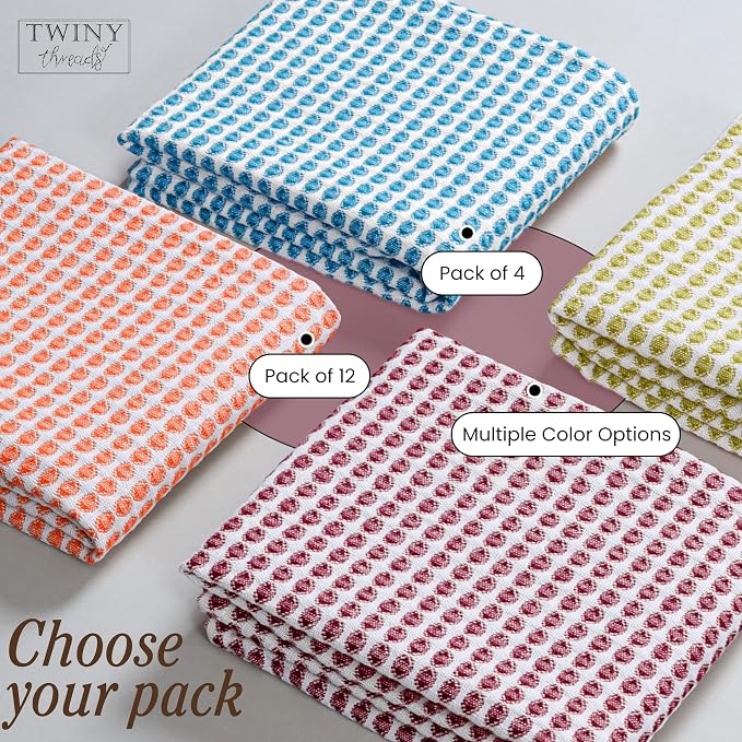 TWINY threads 4 Pack Circle Waffle Kitchen Dish Towels 16"x26", 100% Cotton, Super Absorbent, Heavy Duty, Quick Drying Dishcloth Set, Premium Wash Rags, Great for Drying Dishes, Cleaning, Multicolor