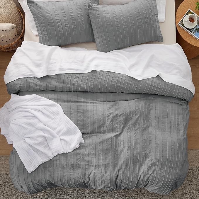Bedsure Striped Boho Duvet Cover King Size - Shabby Chic Tufted Boho Bedding Set, 3 Pieces Shabby Chic Home Bedding for All Seasons, Includes 1 King Duvet Cover & 2 Pillowcases (Grey, 104" x 90")