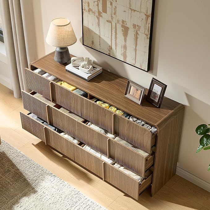 AMERLIFE 63" Fluted 6 Drawer Dresser, Wide Modern Chest of Storage Drawers with Pine Handles, Rounded Corners & Anti-Tip, Wood Drawer Organizer for Cloth, Bedroom, Living Room, Hallway, Dark Walnut