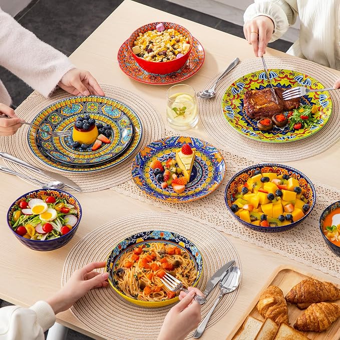 vancasso 24 Pieces Plates and Bowls Set, Bohemian Style Dinnerware Sets Service for 6, Porcelain Boho Dishes Set for Kitchen, Housewaring Gift, Dishwasher and Microwave Safe, Series KRVI