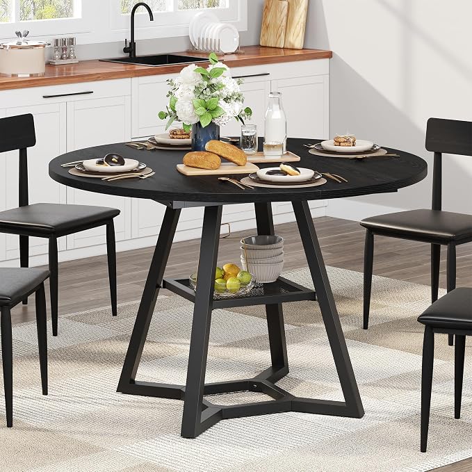 knoworld 47" Round Dining Table for 4, Kitchen Tables Dining Room Circle Dinner Table with Pedestal Metal Frame, Space Saving Wood Industrial Kitchen & Dining Room Tables, Black 47In