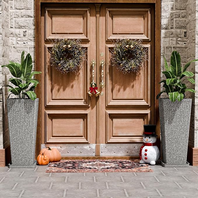 Tapered Tall Planters for Outdoor Plants 2 Pack- 23.6 Inch Heavy-Duty Classic Square Indoor Flower Pots with Drainage Holes/Partition/Tray, Large Outdoor Planters for Porch Patio, Gray