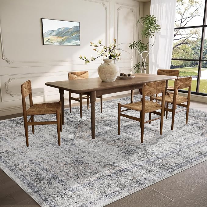 Washable Boho 10x13 Area Rug for Living Room Low Pile Soft Bedroom Rugs Non Slip Distressed Medal Print Large Indoor Carpet Thin Foldable Boho Vintage Carpet for Playroom Farmhouse, Beige