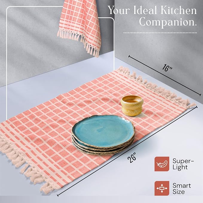 Matrix Dobby Kitchen Towels 4 Pack 100% Cotton, 16x26 Inches, Decorative Tea Towels with Handmade Tassels, Absorbent, Reusable Dish Cloths for Drying Dishes - Bright Orange, Natural