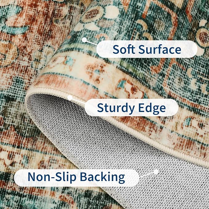 5x7 Area Rug Washable Boho Vintage Medal Print Small Carpet Non Slip Office Rugs Low Pile Soft Bedroom Carpet Non Shedding Nursery Floor Mats for Kitchen Dining Living Room Green Brown