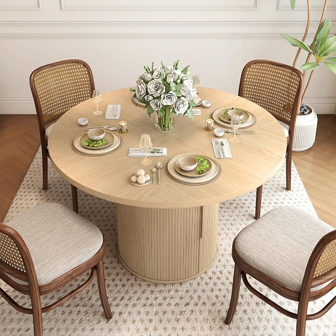 weselon 47 inch Round Dining Table for 4, Kitchen Table Dinner Table with 2-Layer Storage Shelf and Wood Slide Door for Home Dining Room Living Room (Natural)