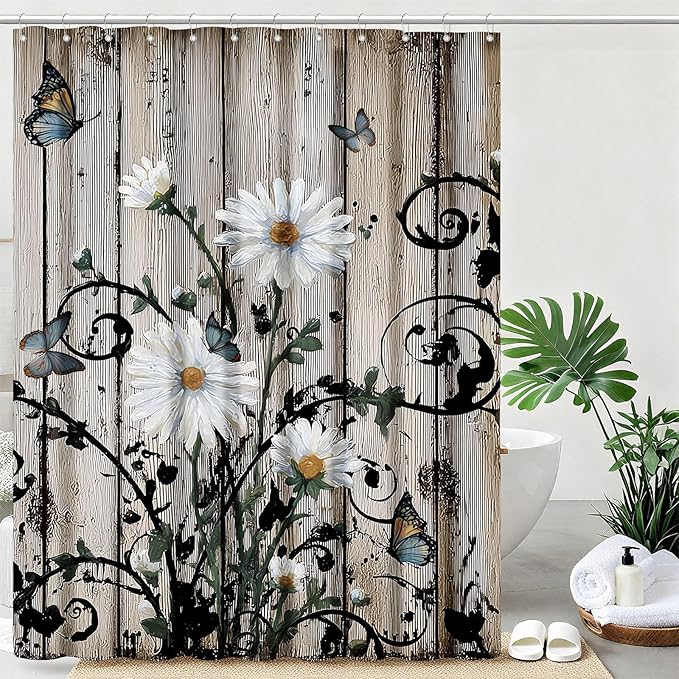 Rustic Grey Floral Shower Curtain Butterfly Flowers Shower Curtains for Bathroom Waterproof Fabric Bath Curtain Decor with Hooks