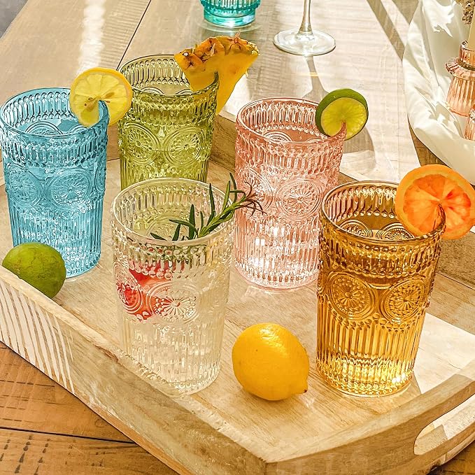Kate Aspen Vintage Textured Aqua Blue Striped Drinking Glasses Set of 6-13 oz Ribbed Glassware with Flower Design | Cocktail Set, Juice Glass, Water Tumbler