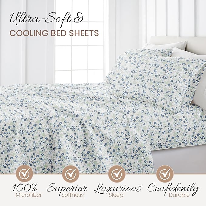 Linen Market Double-Brushed Patterned Microfiber California King Sheet Set 4 Piece – Oeko-TEX Certified Ultra Soft & Wrinkle-Free - 16" Deep Pocket Sheets Easy Care Cal-King Size - Violets Light Blue